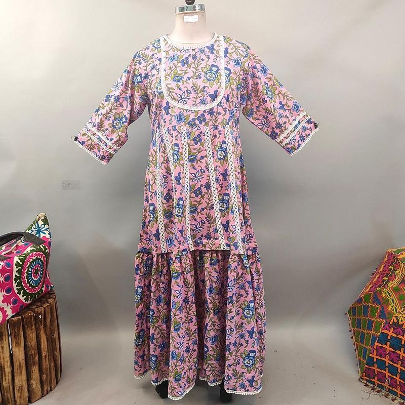 L/XL Habika Printed Cotton Dress 57" Long Jalabiya