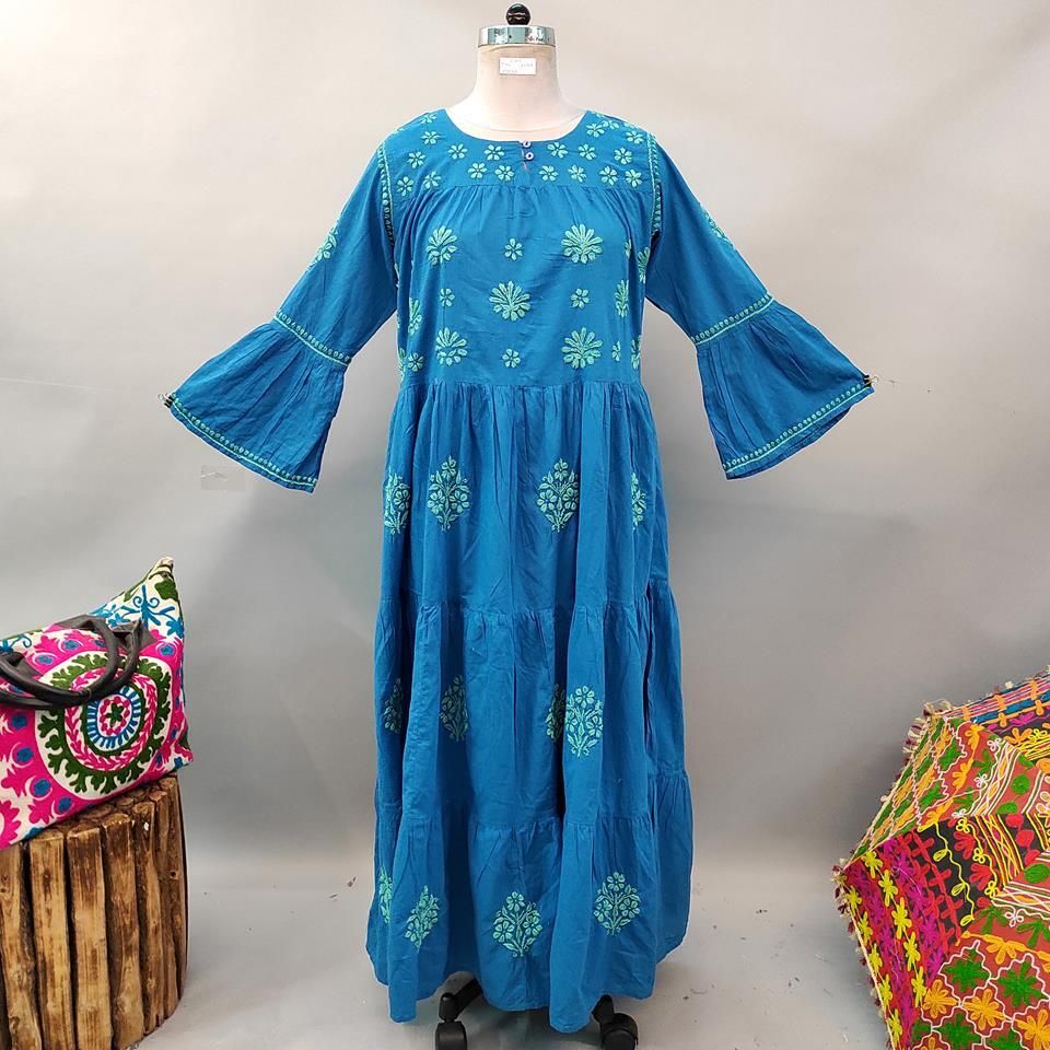 L/XL Moon Embroidery Blue Plain Solid Cotton Dress 57" Long Jalabiya