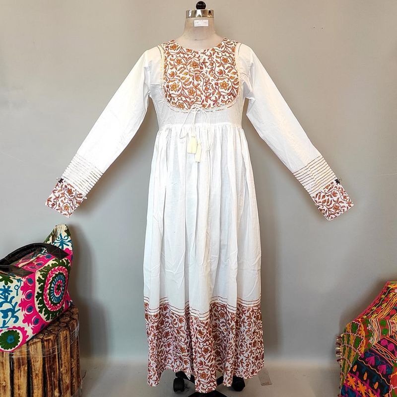 S/M Bahisa White Golden Cotton Dress 57" Long Jalabiya