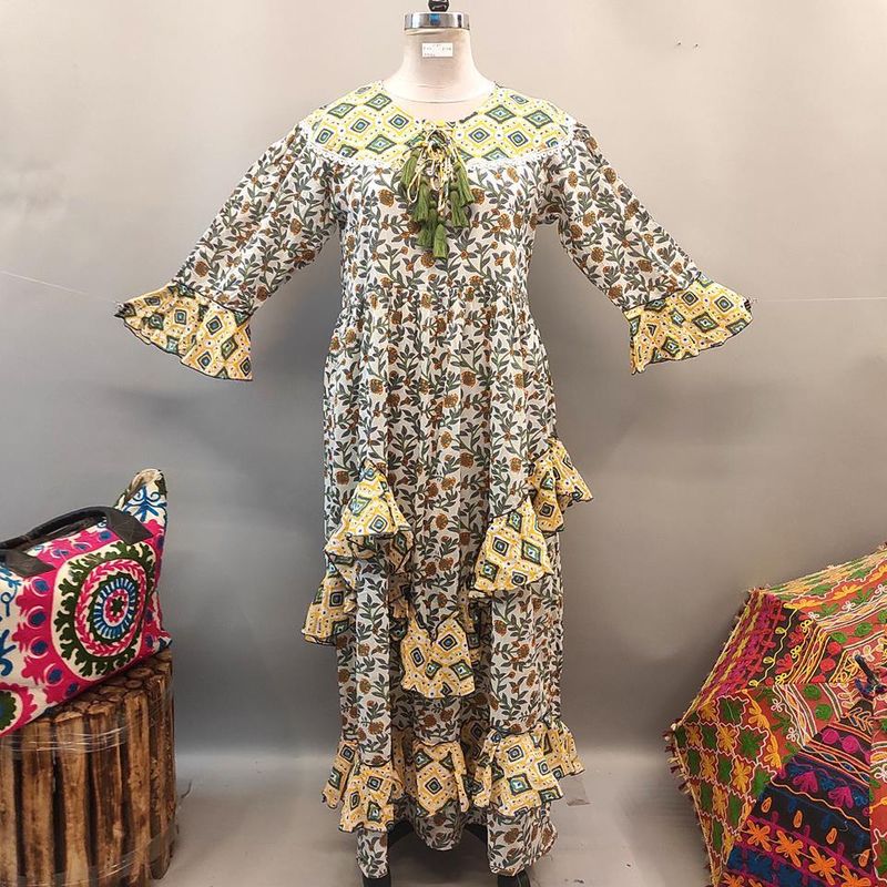 L/XL Mirha Printed Cotton Dress 58" Long Jalabiya
