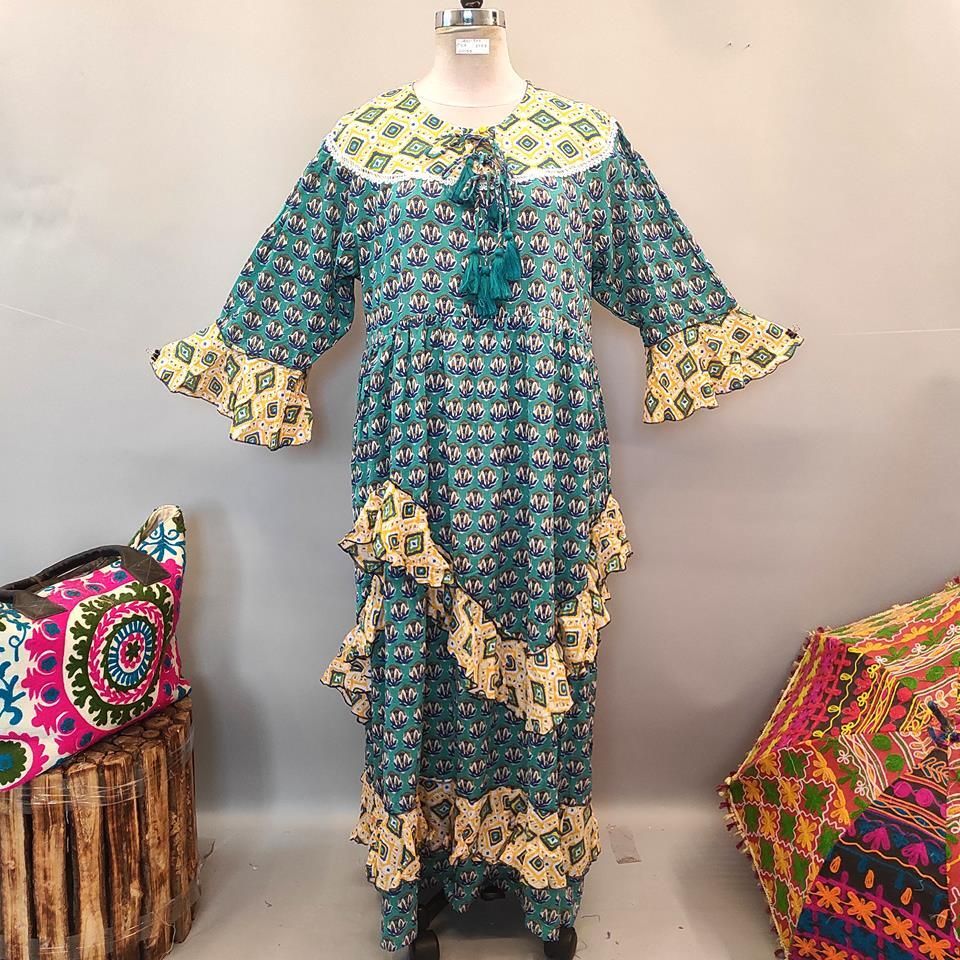 2XL/3XL Mirha Printed Cotton Dress 57" Long Jalabiya