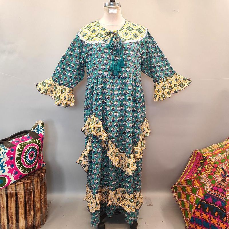 2XL/3XL Mirha Printed Cotton Dress 57" Long Jalabiya