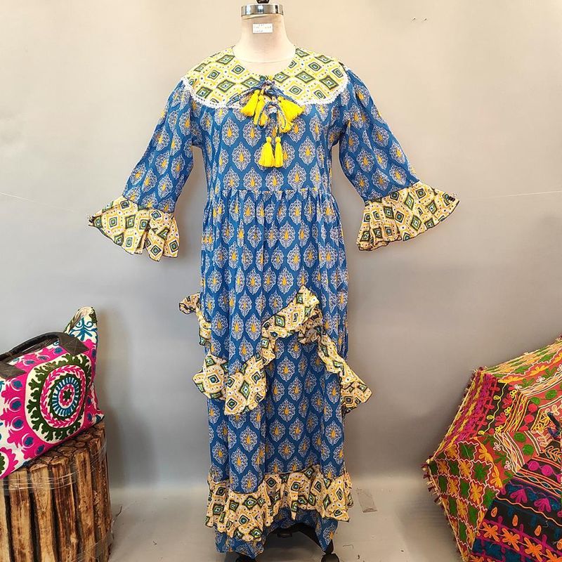 L/XL Mirha Printed Cotton Dress 57" Long Jalabiya