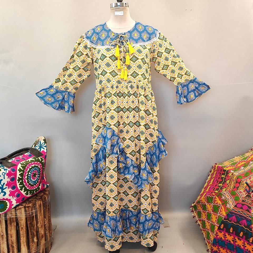L/XL Mirha Printed Cotton Dress 58" Long Jalabiya
