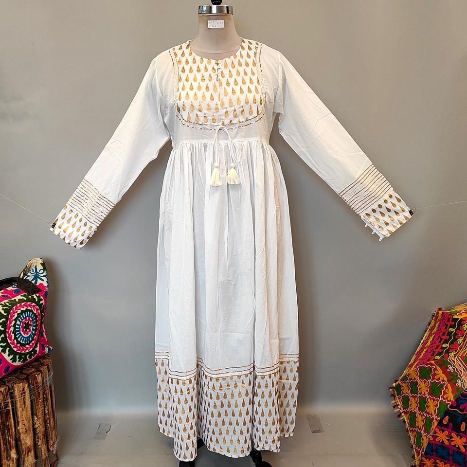 L/XL Bahisa White Golden Cotton Dress 57" Long Jalabiya