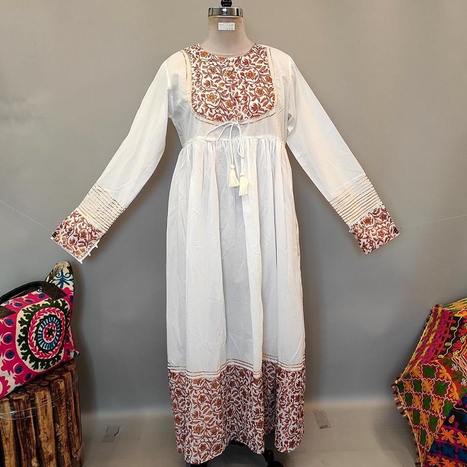 L/XL Bahisa White Golden Cotton Dress 57" Long Jalabiya