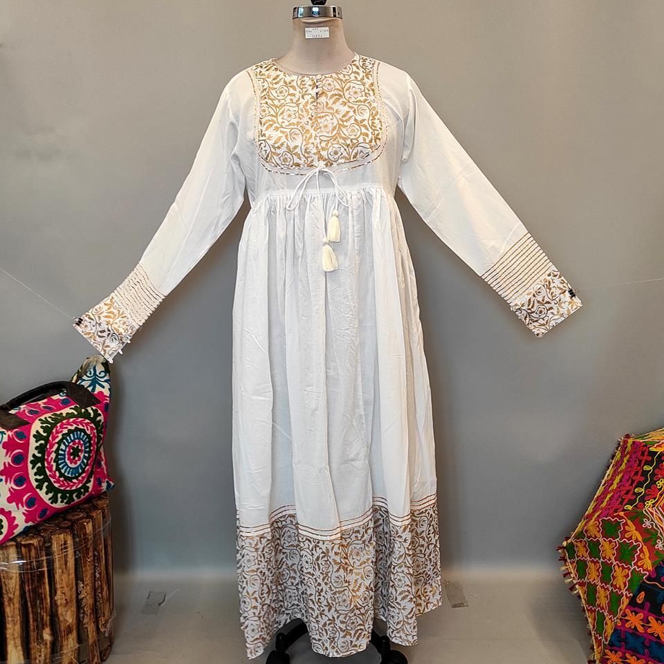 L/XL Bahisa White Golden Cotton Dress 57" Long Jalabiya