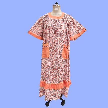 L/XL Nawaar Printed Cotton Dress 56" Short Sleeves Jalabiya