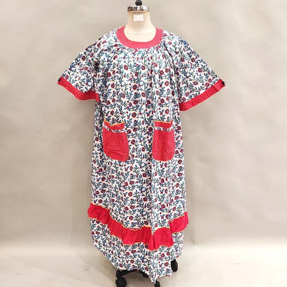 L/XL Nawaar Printed Cotton Dress 56" Short Sleeves Jalabiya