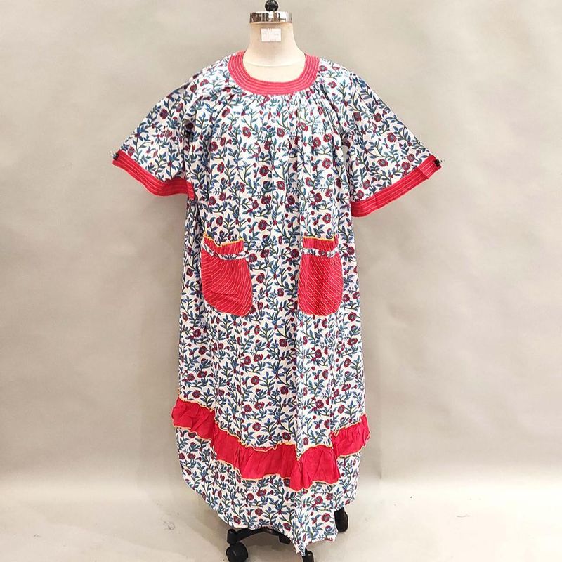 L/XL Nawaar Printed Cotton Dress 56" Short Sleeves Jalabiya