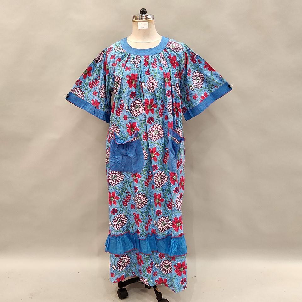 L/XL Nawaar Printed Cotton Dress 56" Short Sleeves Jalabiya