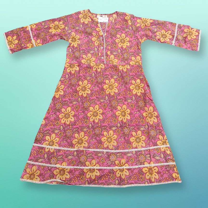 4-5 Year Fagira Printed Cotton Girls Dress 34" Long Jalabiya