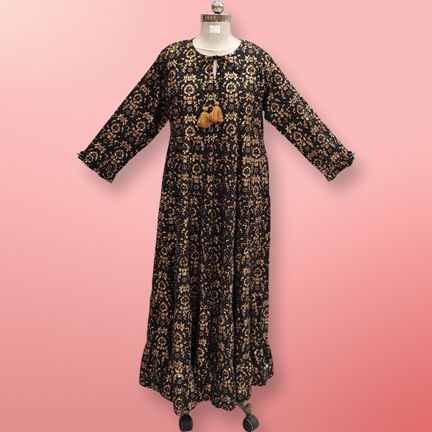 L/XL Razia Crystal Black Golden Cotton  Dress 57" Long Jalabiya