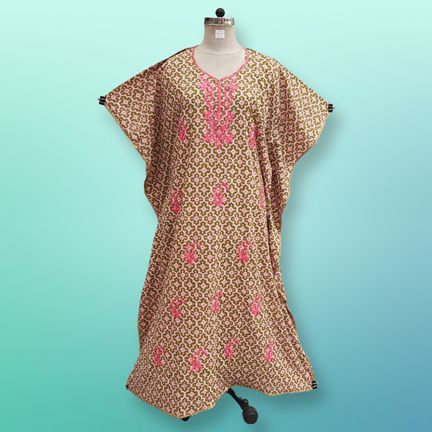 Free Size Farasha Printed Kaftan Embroidery Cotton Dress 57" Long Jalabiya
