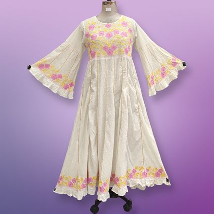 S/M Yaqu Crystal Embroidery White Cotton Dress 57" Long Jalabiya