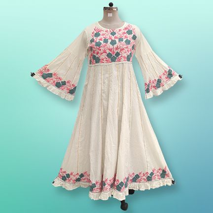 L/XL Yaqu Crystal Embroidery White Cotton Dress 57" Long Jalabiya