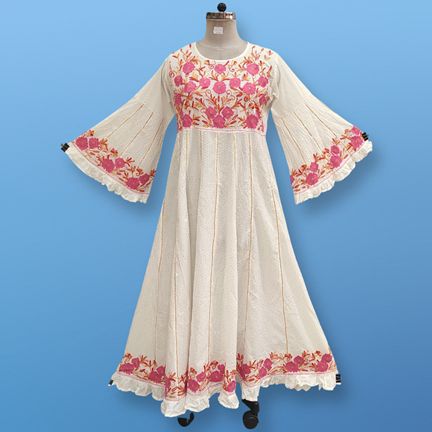L/XL Yaqu Crystal Embroidery White Cotton Dress 57" Long Jalabiya