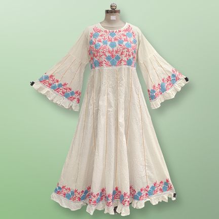 L/XL Yaqu Crystal Embroidery White Cotton Dress 57" Long Jalabiya