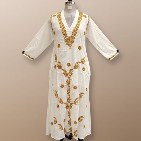 XS/S Teena Embroidery White Cotton Dress 54" Long Jalabiya