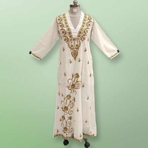 S/M Teena Embroidery White Cotton Dress 58" Long Jalabiya