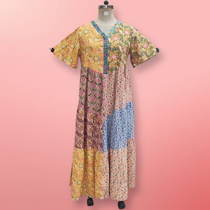 L/XL Zaib Multi Printed Cotton Dress 57" Short Sleeves Jalabiya