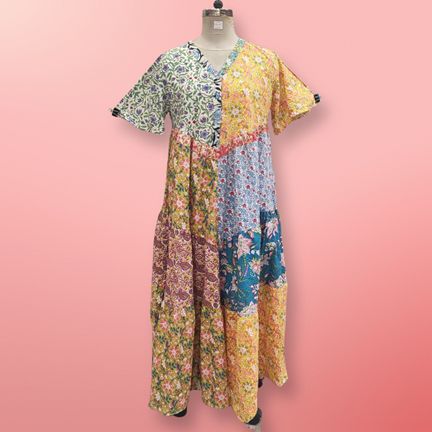 L/XL Zaib Multi Printed Cotton Dress 57" Short Sleeves Jalabiya