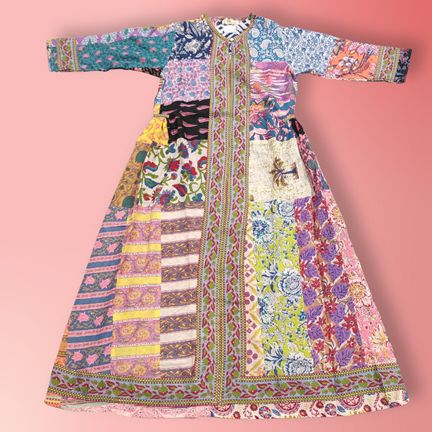 10-11 Year Bhopali Patch Multi Printed Cotton Girls Dress 46" Long Jalabiya