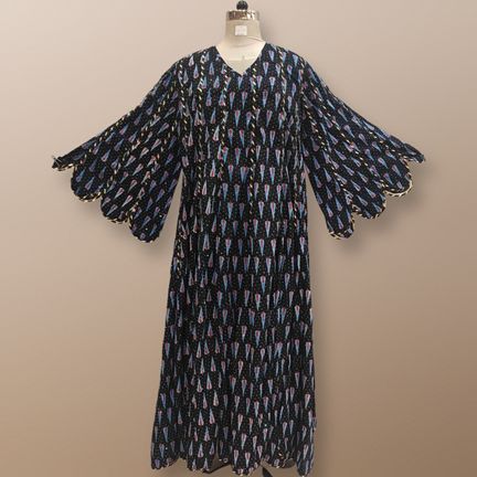 L/XL Meher Crystal Black Printed Cotton Dress 56'' Long Jalabiya