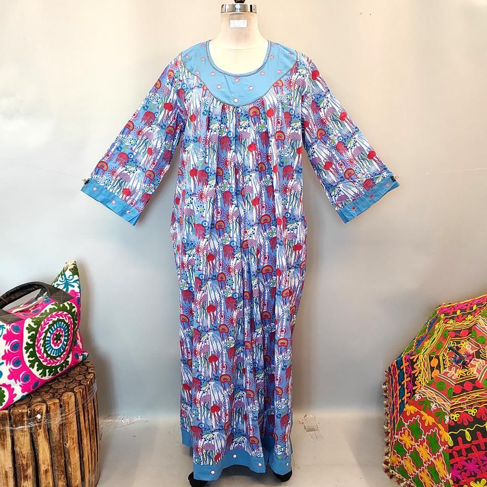 2XL/3XL Lara Printed Cotton Dress 57" Long Jalabiya