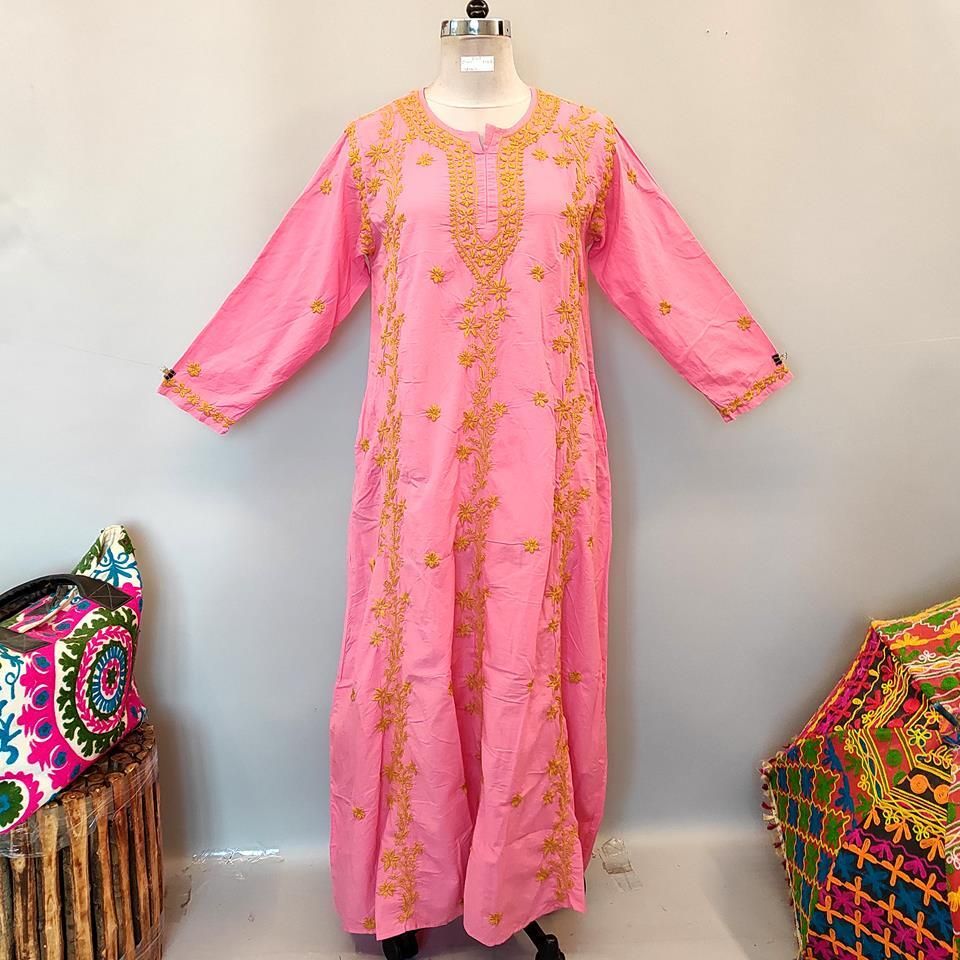 L/XL Kafia Embroidery Pink Plain Solid Cotton Dress 57" Long Jalabiya