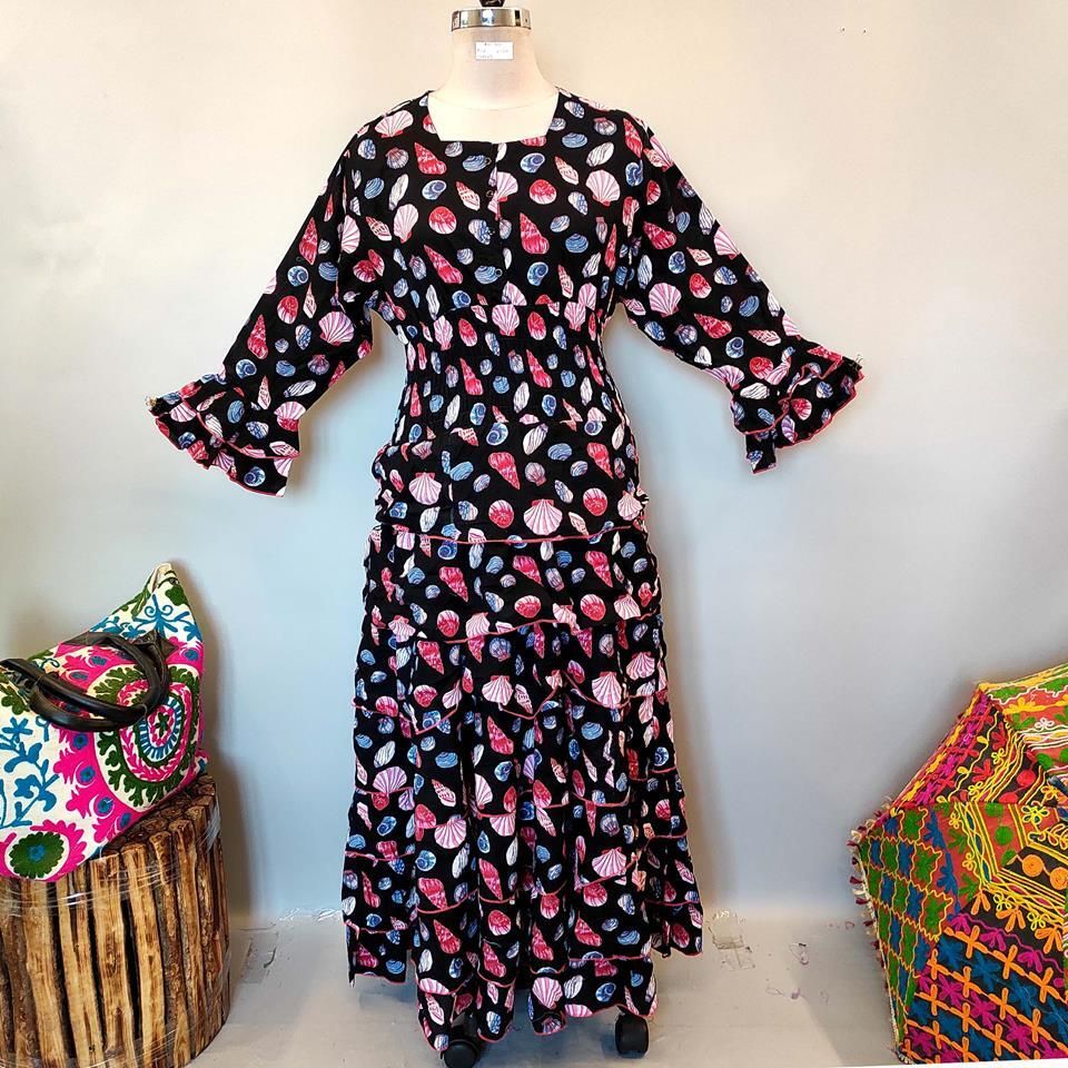 2XL/3XL Jawaria Black Printed Cotton Dress 57" Long Jalabiya