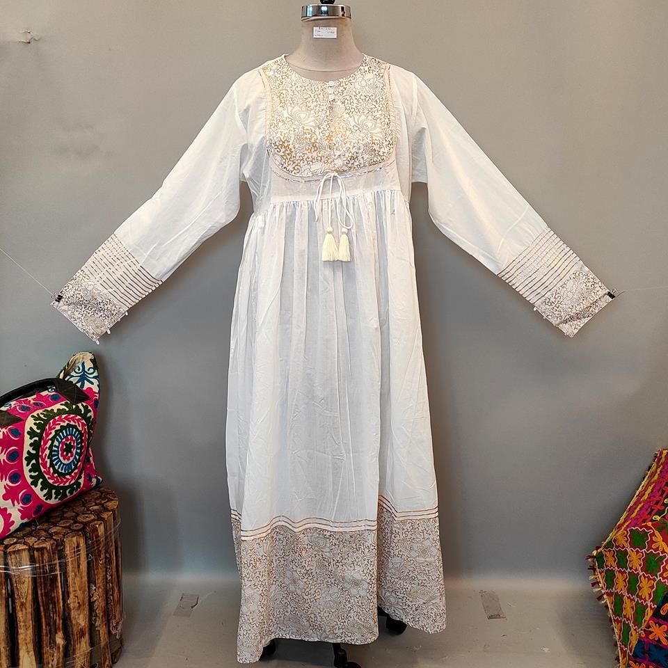 2XL/3XL Bahisa White Golden Cotton Dress 57" Long Jalabiya