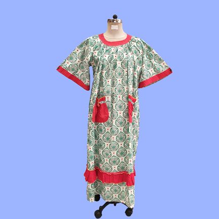 L/XL Nawaar Printed Cotton Dress 56" Short Sleeves Jalabiya