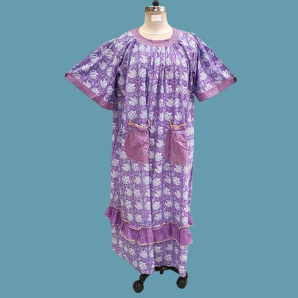 L/XL Nawaar Printed Cotton Dress 56" Short Sleeves Jalabiya