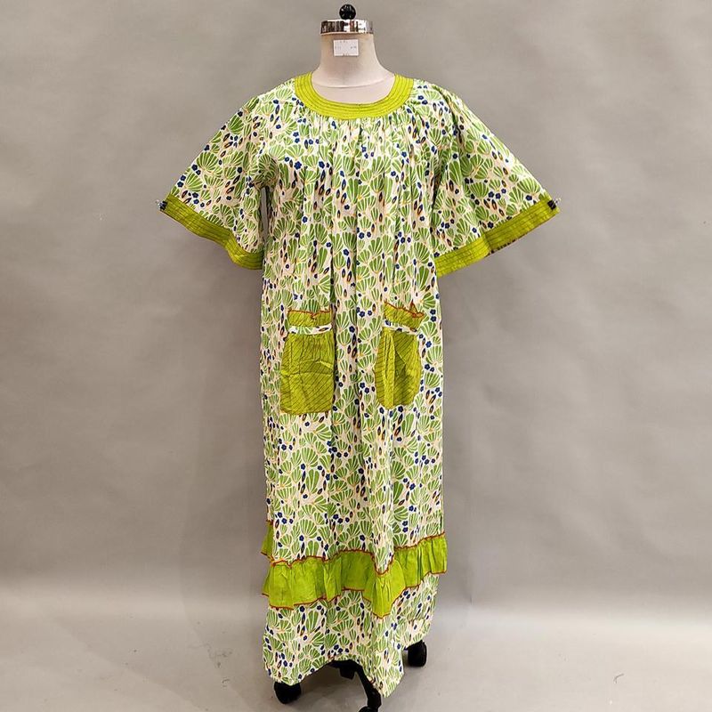 L/XL Nawaar Printed Cotton Dress 56" Short Sleeves Jalabiya
