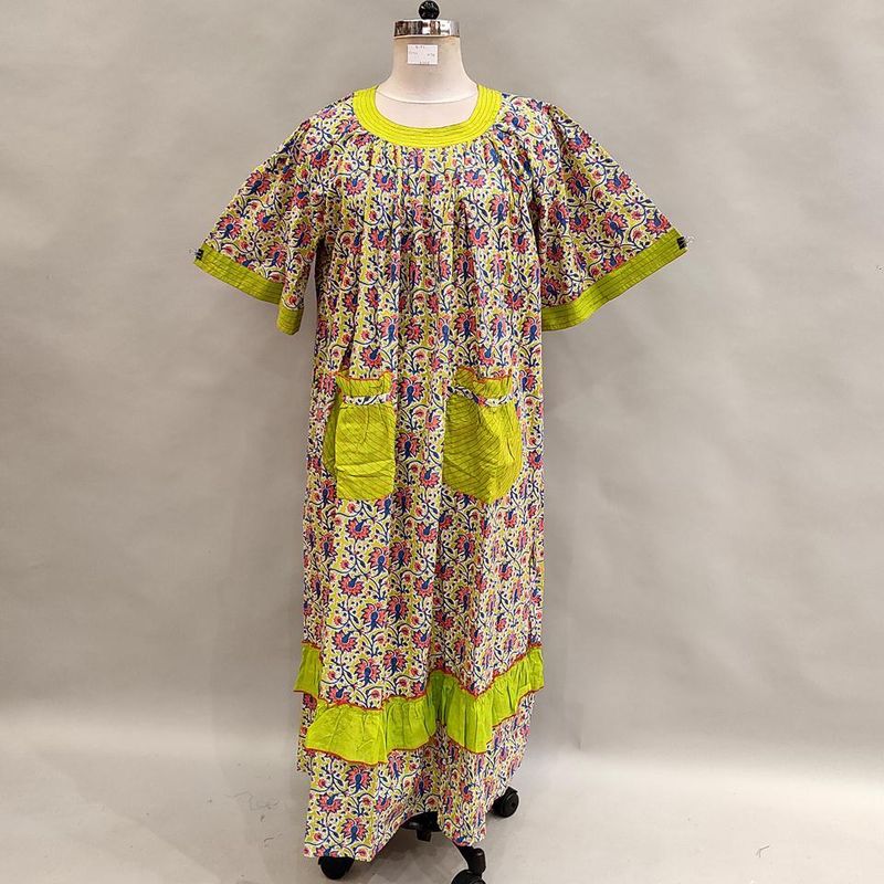 L/XL Nawaar Printed Cotton Dress 56" Short Sleeves Jalabiya