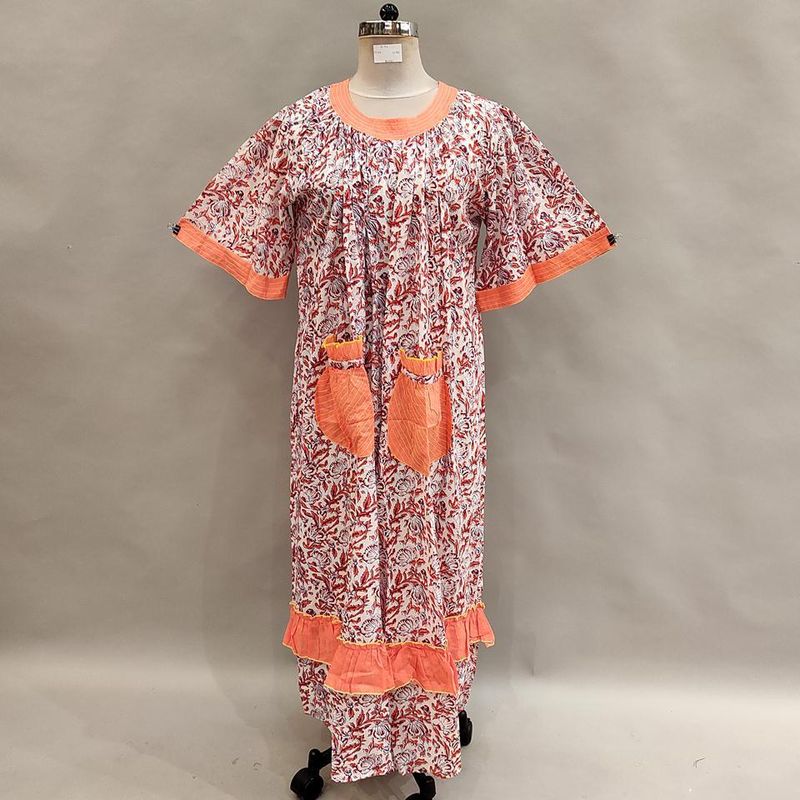 L/XL Nawaar Printed Cotton Dress 56" Short Sleeves Jalabiya