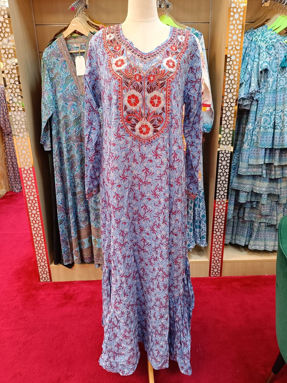 S/M Uswah Embroidery Printed Cotton Dress 57" Long Jalabiya