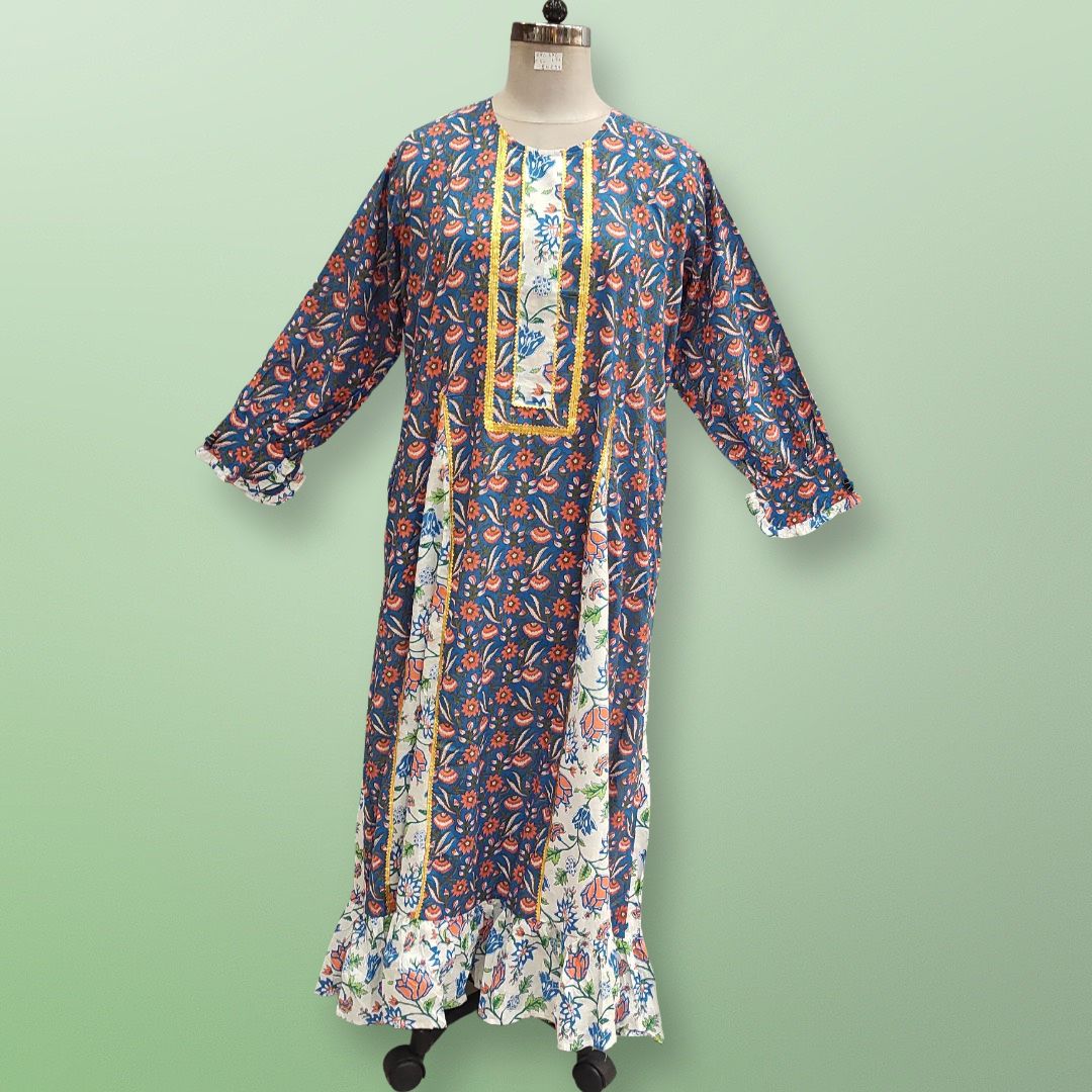 2XL/3XL Shula Printed Cotton Dress 56" Long Jalabiya