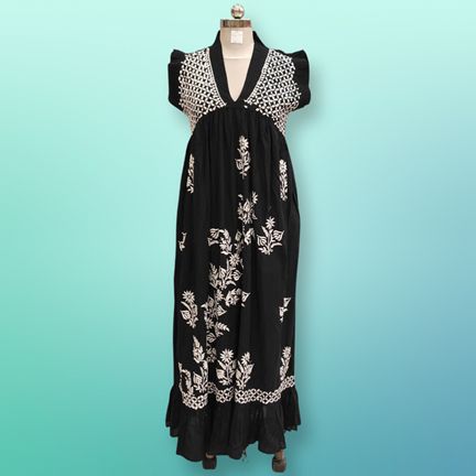 2XL/3XL Amani Embroidery Black Cotton Dress 57" Short Sleeves Jalabiya