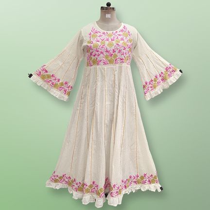 L/XL Yaqu Crystal Embroidery White Cotton Dress 58" Long Jalabiya