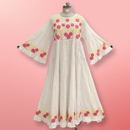 L/XL Yaqu Crystal Embroidery White Cotton Dress 57" Long Jalabiya