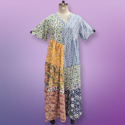 L/XL Zaib Multi Printed Cotton Dress 57" Short Sleeves Jalabiya