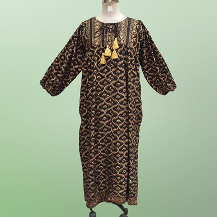 2XL/3XL Sapphire Crystal Black Golden Cotton Dress 56" Long Jalabiya