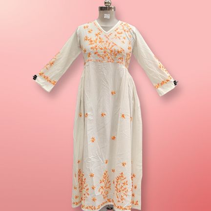 XS/S Lairah Embroidery White Cotton Dress 53" Long Jalabiya