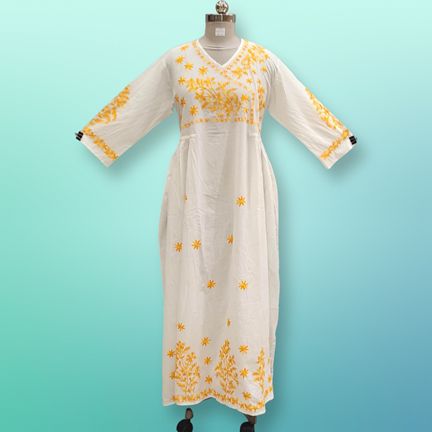 XS/S Lairah Embroidery White Cotton Dress 53" Long Jalabiya