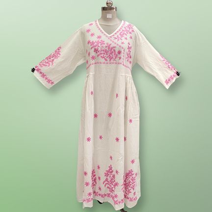 2XL/3XL Lairah Embroidery White Cotton Dress 56" Long Jalabiya