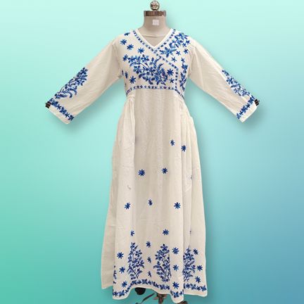 2XL/3XL Lairah Embroidery White Cotton Dress 56" Long Jalabiya