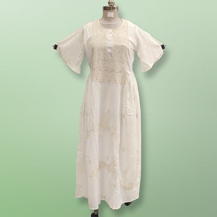 S/M Special Embroidery White Cotton Dress 56" Long Jalabiya
