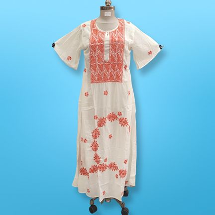 S/M Special Embroidery White Cotton Dress 56" Long Jalabiya